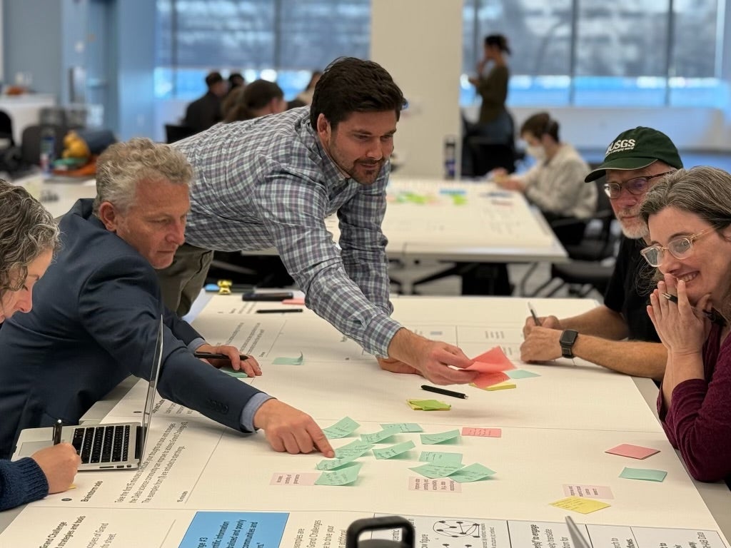 People around a table share ideas using sticky notes.
